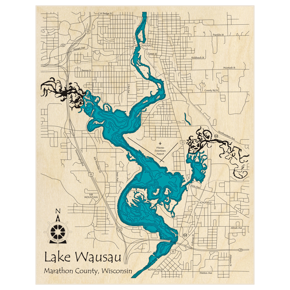 Bathymetric topo map of Lake Wausau  with roads, towns and depths noted in blue water