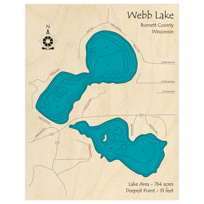 Bathymetric topo map of Webb Lake with roads, towns and depths noted in blue water