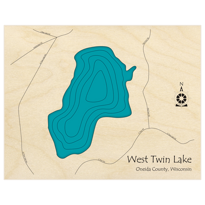 Bathymetric topo map of West Twin Lake  with roads, towns and depths noted in blue water