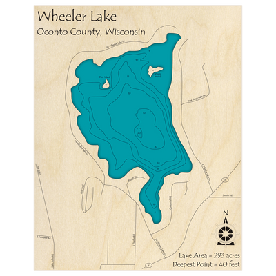 Bathymetric topo map of Wheeler Lake with roads, towns and depths noted in blue water