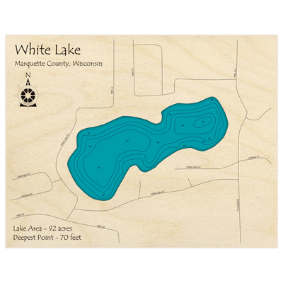 Bathymetric topo map of White Lake with roads, towns and depths noted in blue water