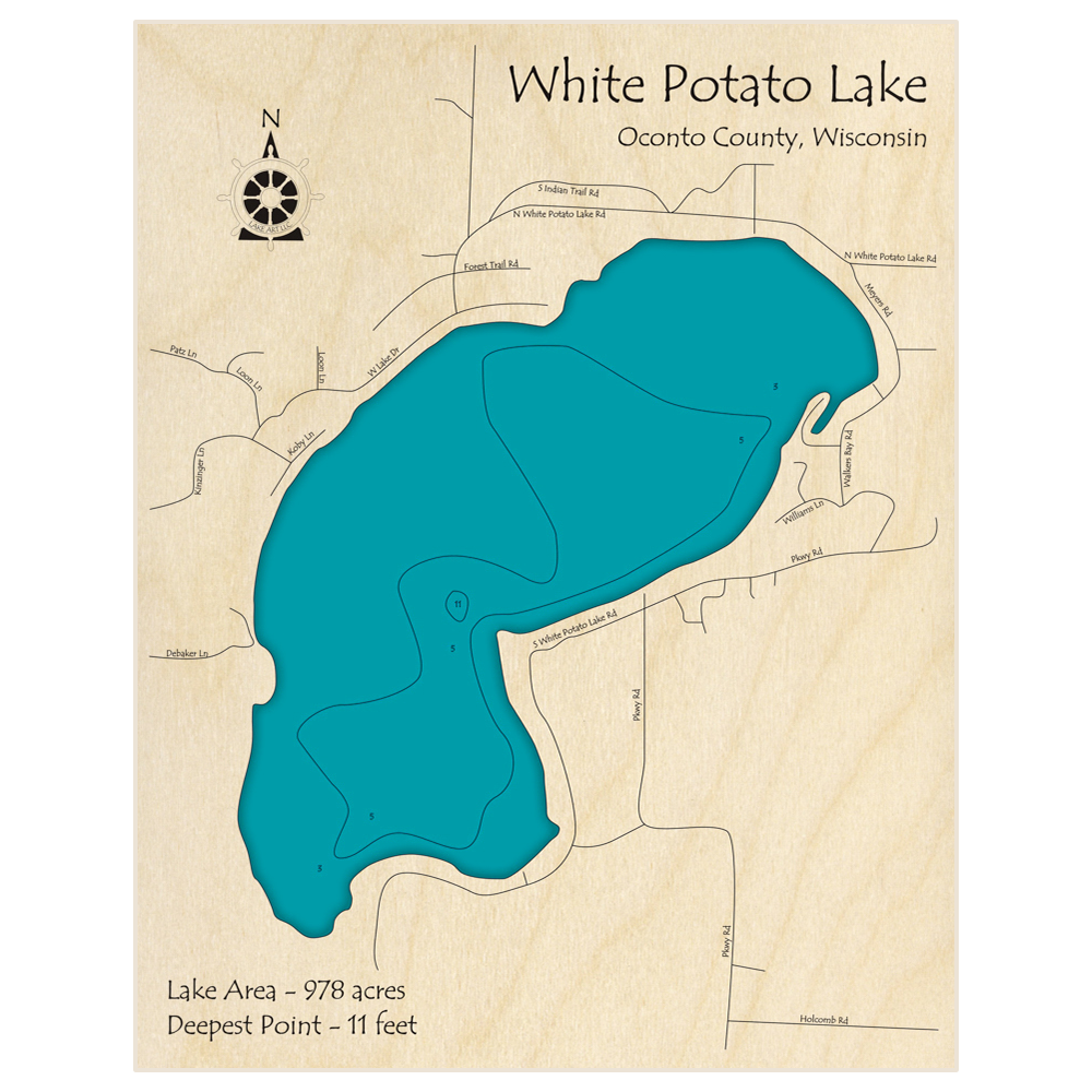 Bathymetric topo map of White Potato Lake with roads, towns and depths noted in blue water