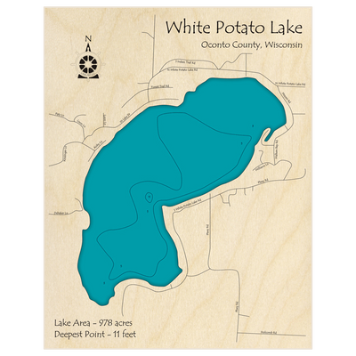 Bathymetric topo map of White Potato Lake with roads, towns and depths noted in blue water