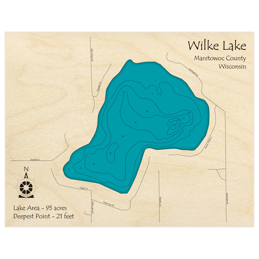 Bathymetric topo map of Wilke Lake with roads, towns and depths noted in blue water