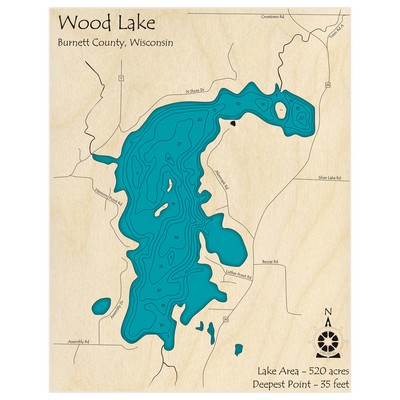 Bathymetric topo map of Big Wood Lake with roads, towns and depths noted in blue water