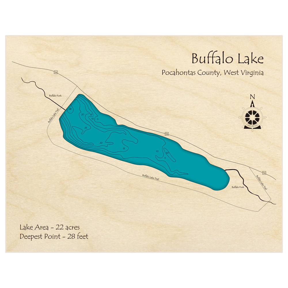 Bathymetric topo map of Buffalo Lake with roads, towns and depths noted in blue water