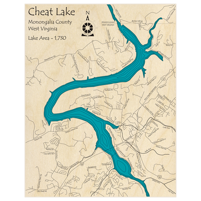 Bathymetric topo map of Cheat Lake  with roads, towns and depths noted in blue water