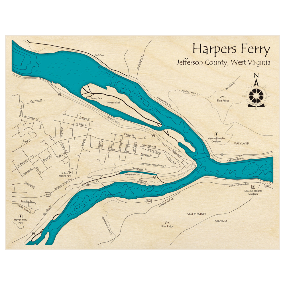 Bathymetric topo map of Harpers Ferry with roads, towns and depths noted in blue water