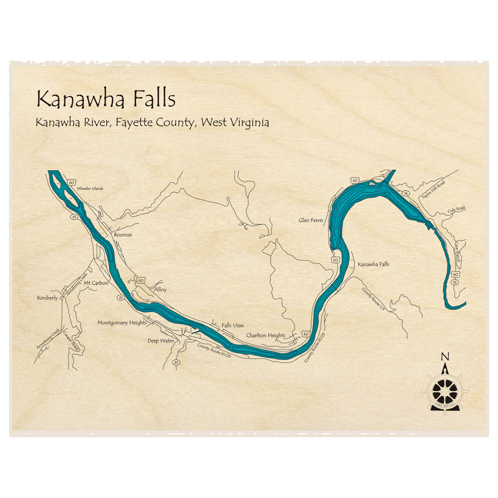 Kanawha Falls - Kanawha River 3D Custom Wood Map – Lake Art LLC