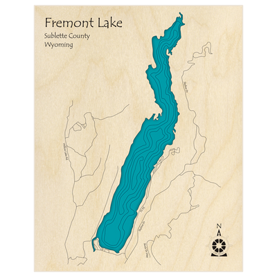 Bathymetric topo map of Fremont Lake  with roads, towns and depths noted in blue water