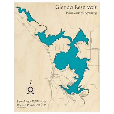 Bathymetric topo map of Glendo Reservoir with roads, towns and depths noted in blue water