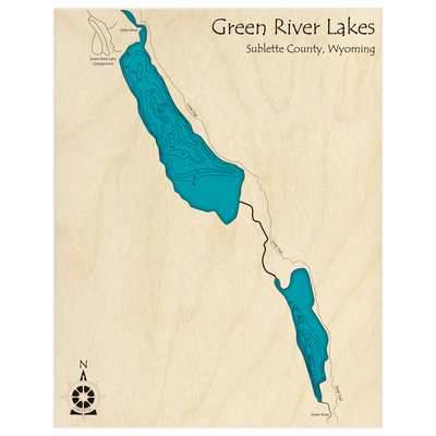 Bathymetric topo map of Green River Lakes with roads, towns and depths noted in blue water