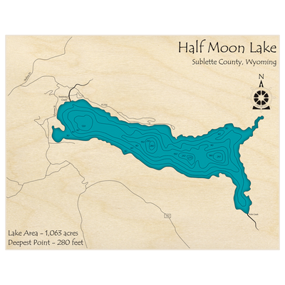 Bathymetric topo map of Half Moon Lake with roads, towns and depths noted in blue water