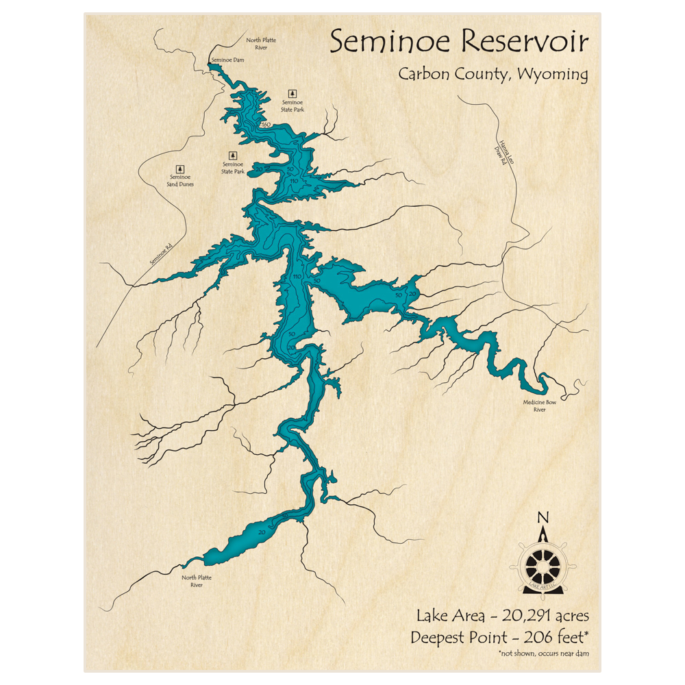 Bathymetric topo map of Seminoe Reservoir with roads, towns and depths noted in blue water